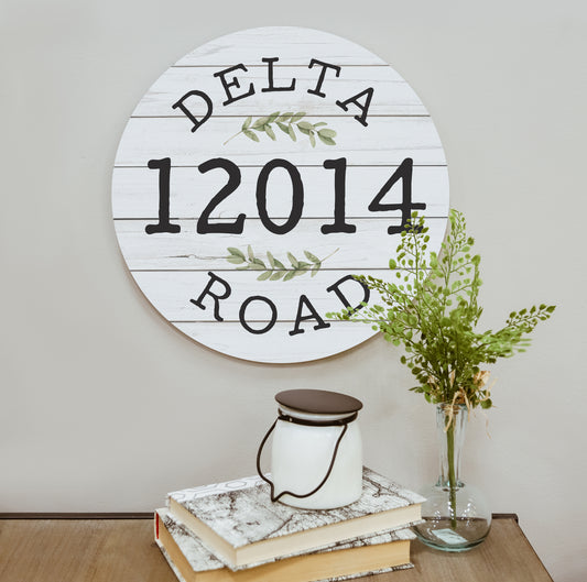 Personalized Address Greenery Whitewash Wood Circle