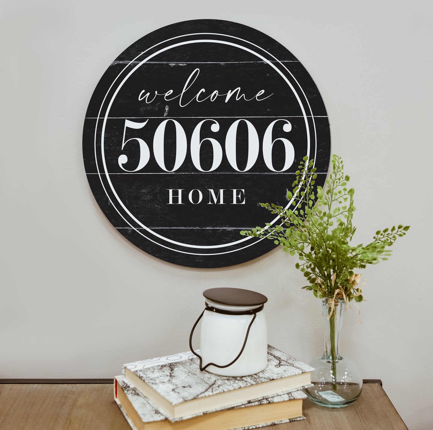 Welcome Home with Zip Code | Personalized Wood Circle Sign