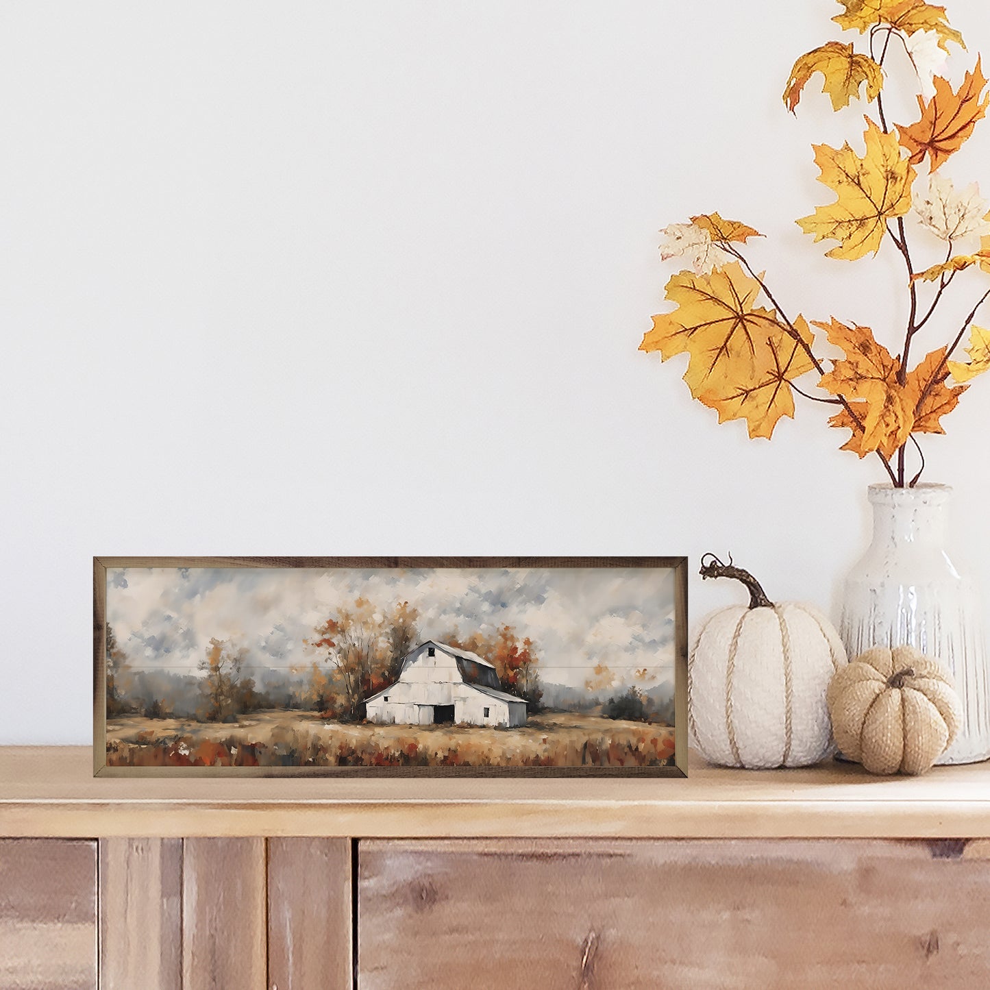R - White Barn in Fall 36"x12"