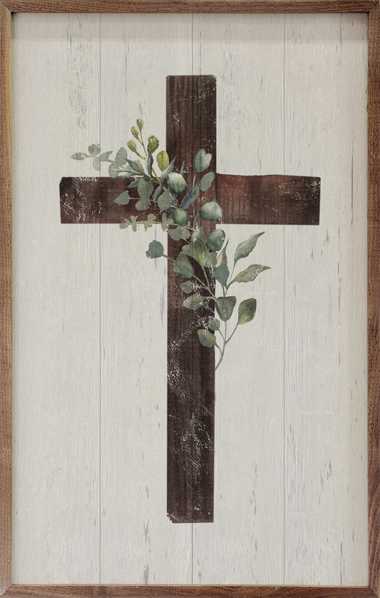 KH - Cross with Greenery Whitewash