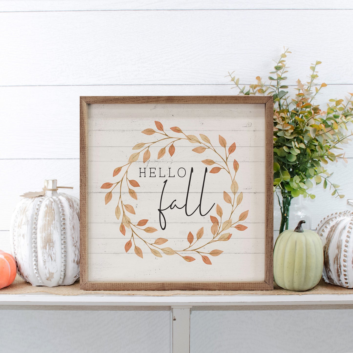 R - Hello Fall Leaves Wreath Whitewash 12"x12"