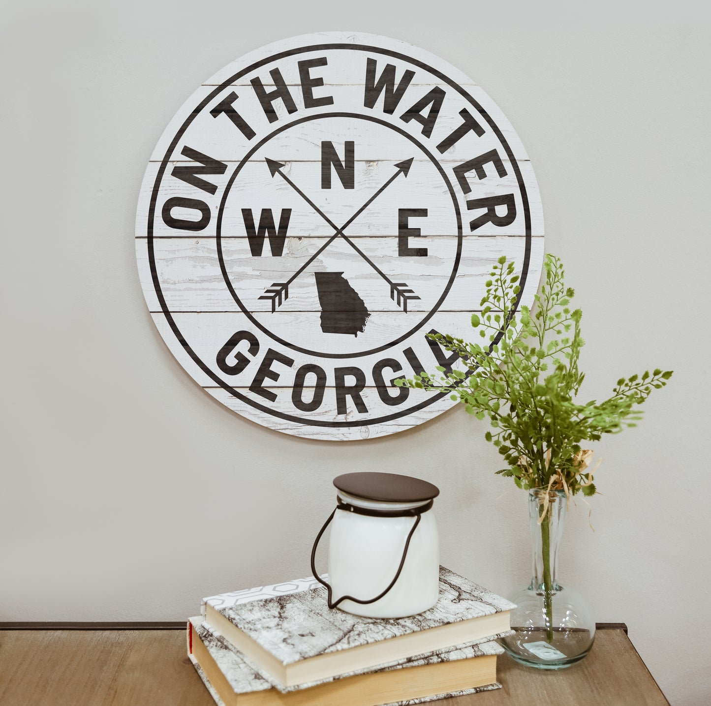 Personalized On The Water Compass Whitewash Wood Circle