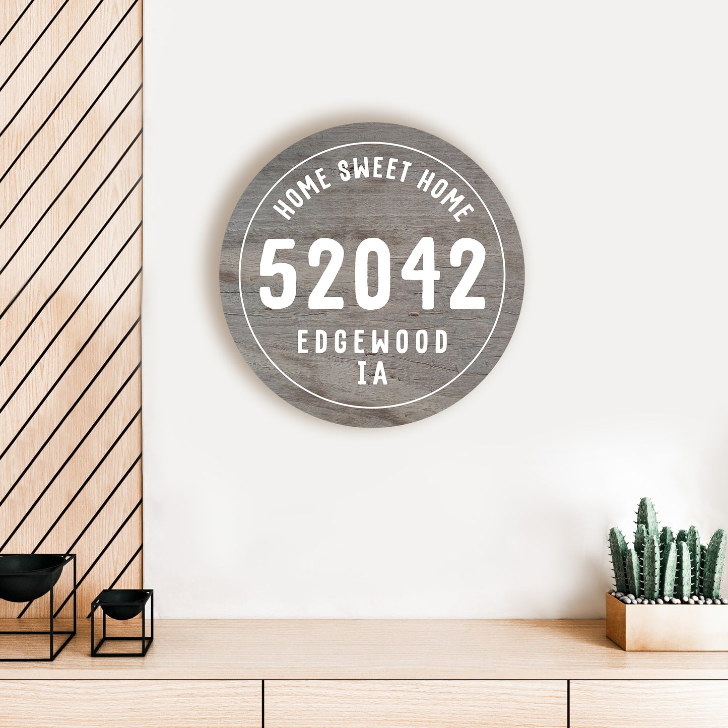 Personalized Zip City State Home Sweet Home Gray Wood Circle