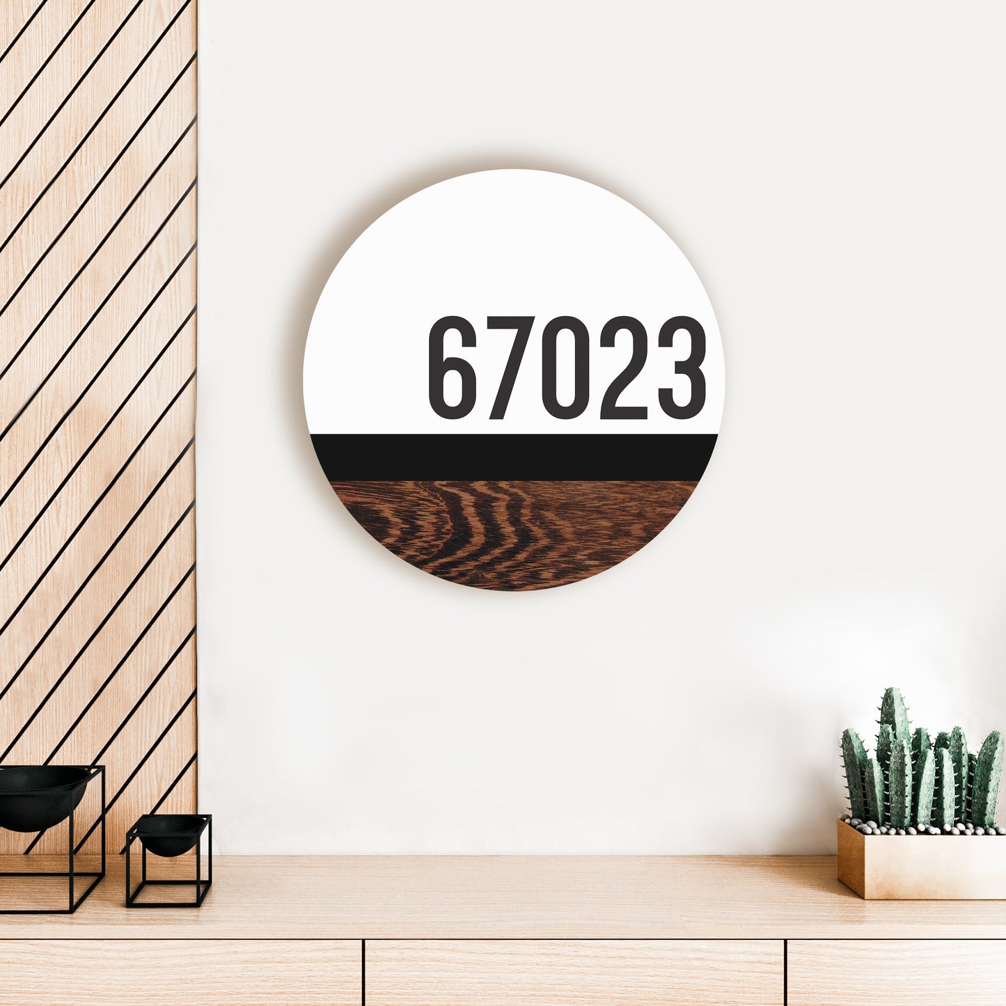 Personalized Zip Modern Walnut Black Stripe Wood Circle