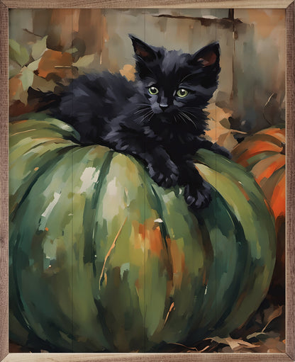 Kitten On Green Pumpkin