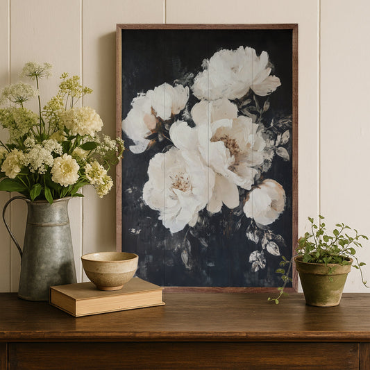 White Peonies Black Background By Gina Kelly