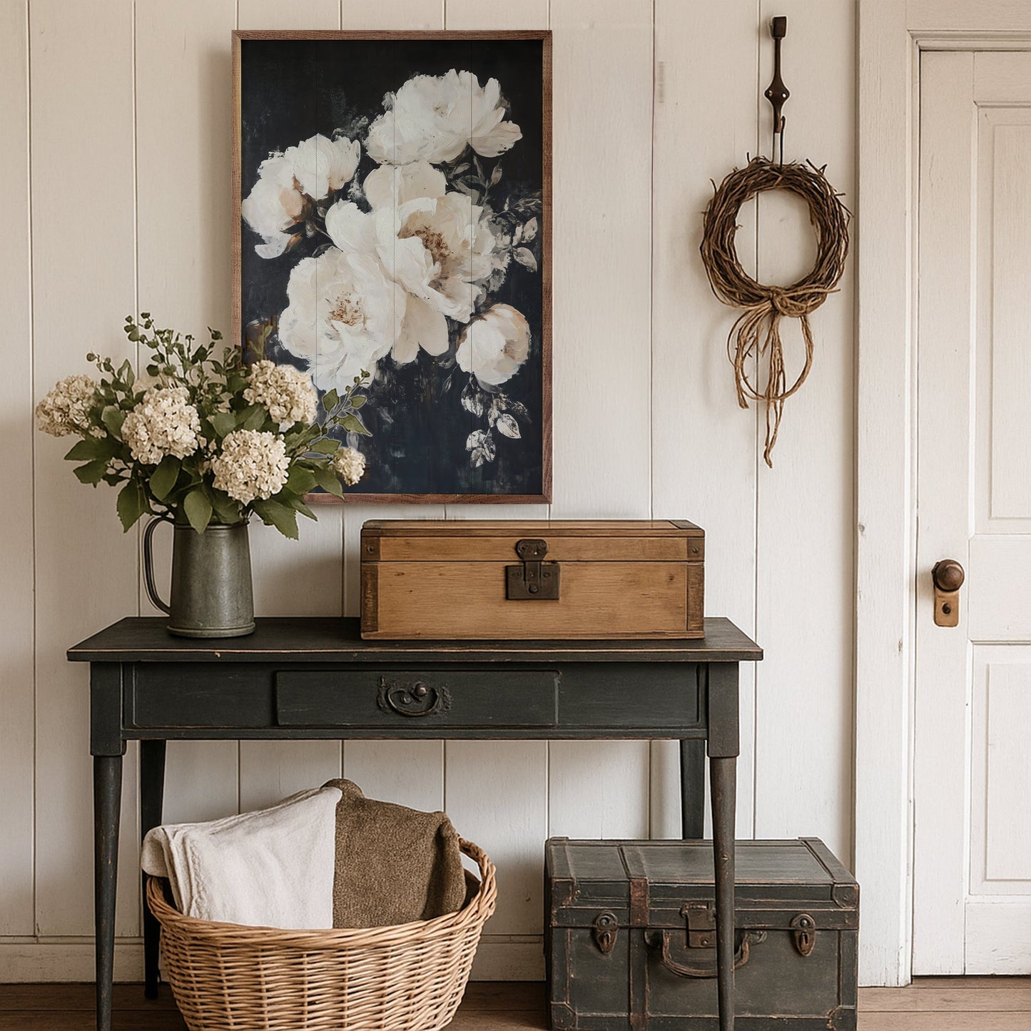 White Peonies Black Background By Gina Kelly