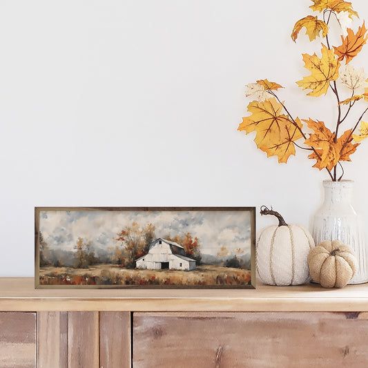 R - White Barn in Fall 36"x12"