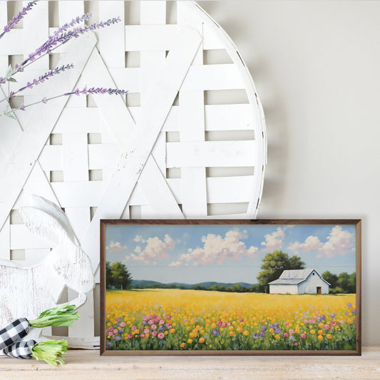 White Barn In Spring Field